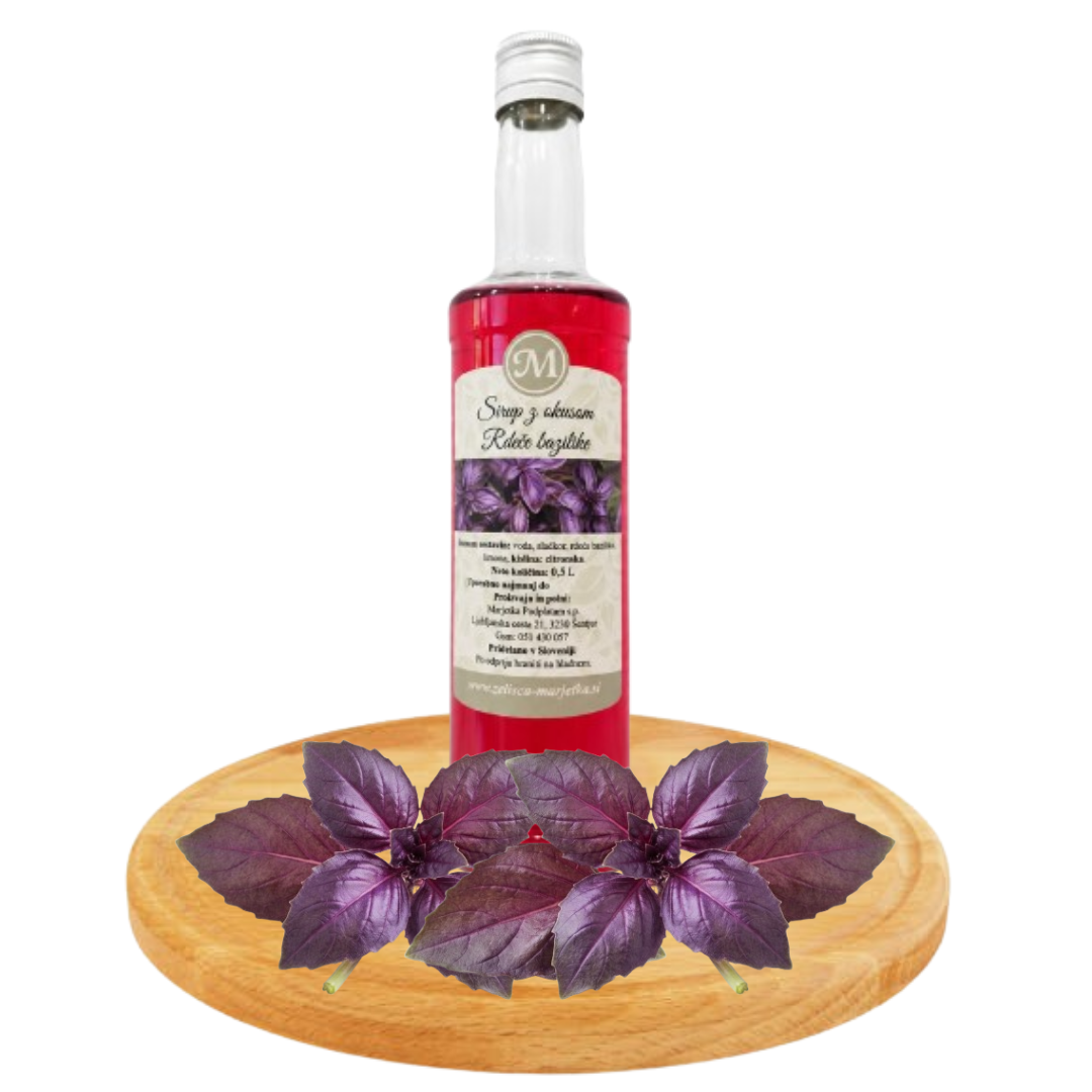 Bazilikin sirup | Domač sirup iz rdeče bazilike Bazilikin sirup 0,5 L iz rdeče bazilike – Zelišča Marjetka