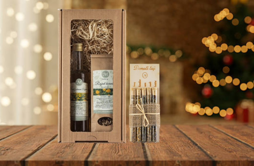 Darilni komplet z zeliščnimi čaji in komplet epruvet s petimi domačimi čaji Zelišča Marjetka