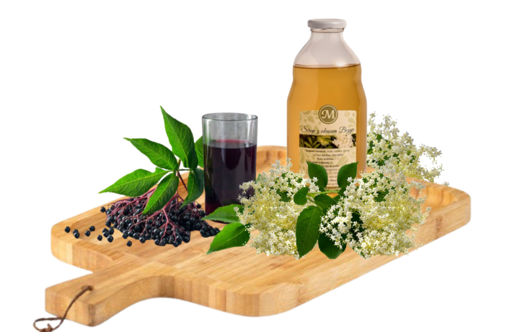 Kozarec bezgovega soka in steklenica bezgovega sirupa na leseni deski - Zelišča Marjetka