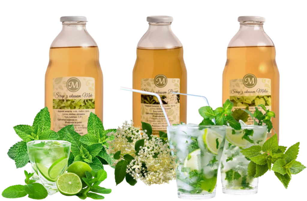 bezgov, metin in melisin sirup v steklenicah 1 l