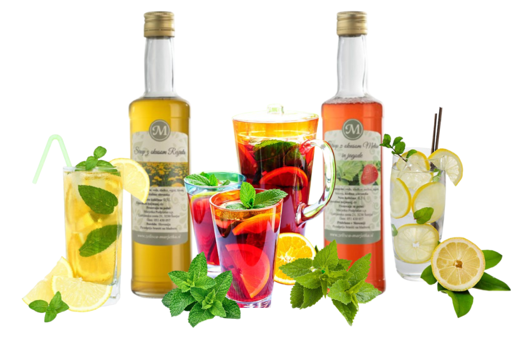 osvežilni napitki z zeliščnimi sirupi v kozarcih