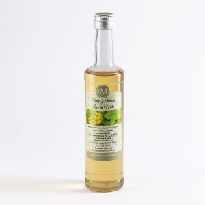 Domač lipov sirup z meto iz lipovih cvetov, mete in limone. Ročno izdelan v Sloveniji. Odličen za limonade, ledeni čaj, koktajle in sladice.