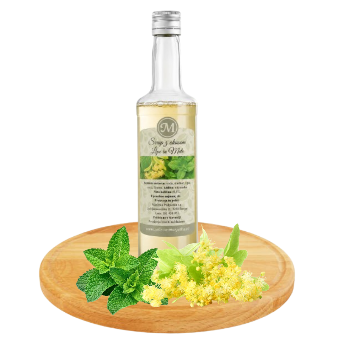 Lipov sirup z meto | Zelišča Marjetka Lipov sirup z meto 0,5 L – domač sirup iz lipovih cvetov in mete Zelišča Marjetka