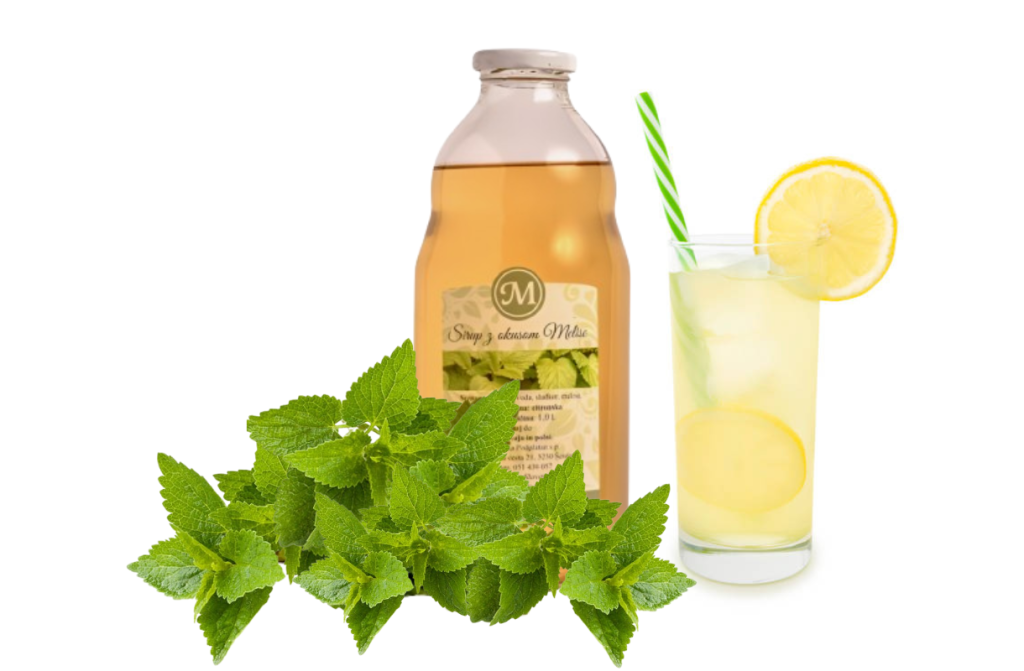 Melisin sirup 1L Zelišča Marjetka in kozarec domače melisine limonade