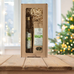Naravni darilni komplet melisa – ročno izdelan čaj in sirup iz Slovenije. Idealno darilo za vsako priložnost.