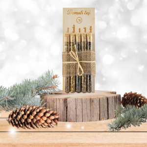 Čaj v epruvetah Zelišča Marjetka – 5 ročno pripravljenih zeliščnih čajev v elegantnih epruvetah. Popolno poslovno darilo iz slovenskih zelišč.