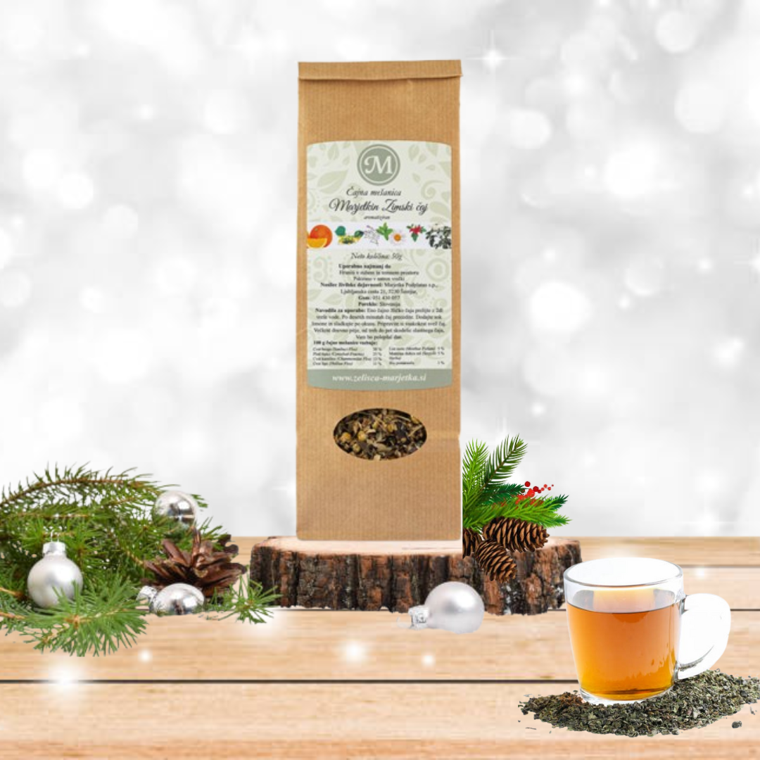 Marjetkin zimski čaj 50 g – naravni zeliščni čaji Marjetkin zimski čaj 50 g – ročno pripravljeni naravni zeliščni čaji in dobre čajne mešanice. Popolna izbira za praznične trenutke in aromatične večere.